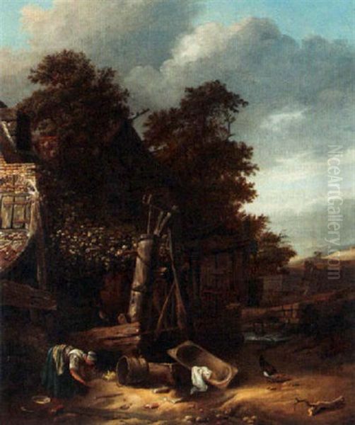 A Woman Emptying A Pale Near A Well In Front Of A Farm Oil Painting by Cornelis Gerritsz Decker