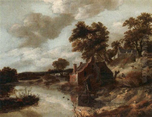 A River Landscape With Anglers Near A Cottage Oil Painting by Cornelis Gerritsz Decker