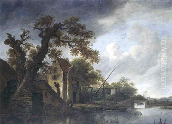 Paysage Fluvial Par Temps D'orage, Anime D'un Couple De Villageois Oil Painting by Cornelis Gerritsz Decker