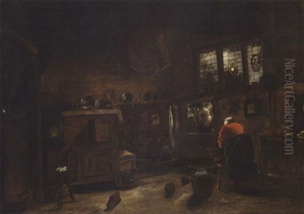 A Cottage Interior With A Washerwoman Oil Painting by Cornelis Gerritsz Decker