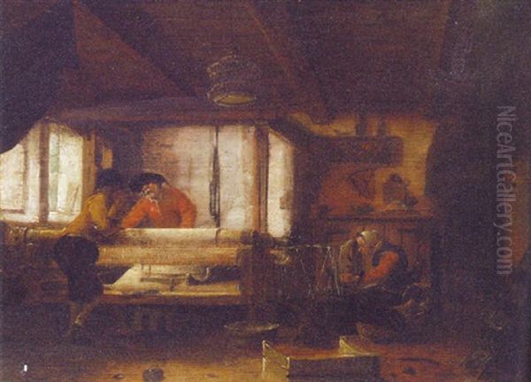 A Weaver's Workshop Oil Painting by Cornelis Gerritsz Decker