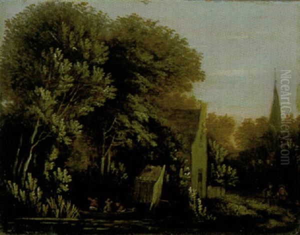 Fischer Im Nachen Am Flus Vor Einem Gebaude Und Baumen Oil Painting by Cornelis Gerritsz Decker