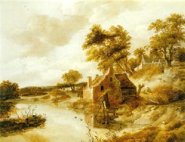 A River Landscape With Anglers Near A Cottage by Cornelis Gerritsz Decker