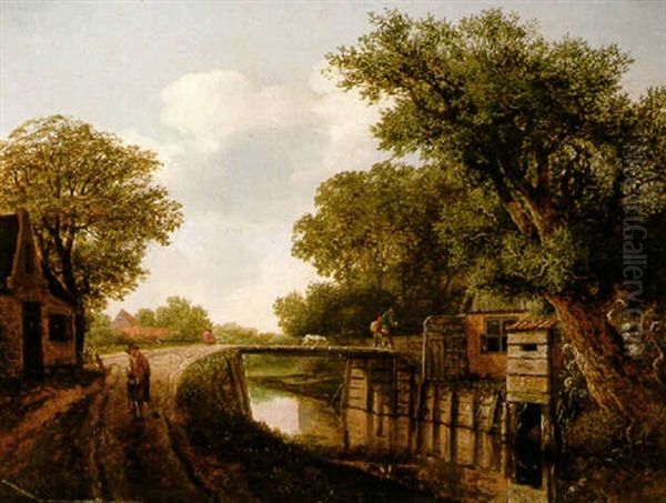 Landscape With Trees By A River And Figures On A Wooden Bridge Oil Painting by Cornelis Gerritsz Decker