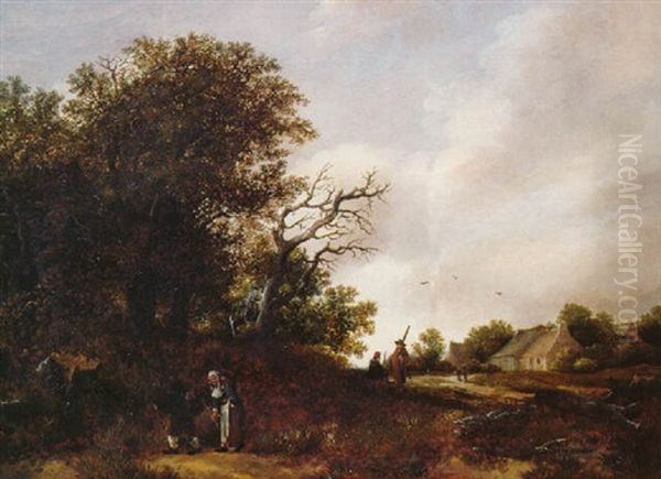 A Peasant Family And Travellers At The Edge Of A Wood, A Farm Beyond, On A Cloudy Day Oil Painting by Cornelis Gerritsz Decker