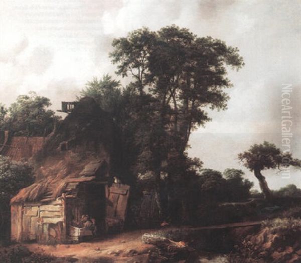 Farmhouse By A Stream, With A Peasant Girl Feeding A Pig by Cornelis Gerritsz Decker