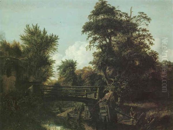 Woodland Landscape With Figures Beside A Bridge Crossing A Stream Oil Painting by Cornelis Gerritsz Decker