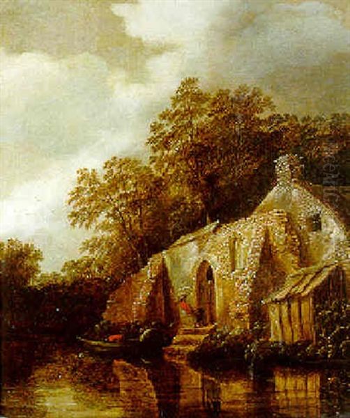 A River Landscape With A Peasant At A Cottage Door Oil Painting by Cornelis Gerritsz Decker