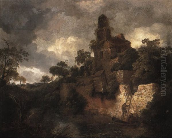 Wooded River Landscape With Fishermen By A Ruined Castle by Cornelis Gerritsz Decker