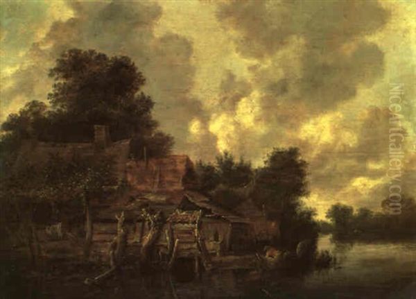 Figure Unloading A Rowing Boat Beside A Farmstead On A River Oil Painting by Cornelis Gerritsz Decker