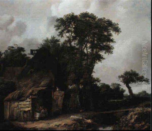 A Farmhouse By A Stream With A Peasant Feeding A Pig Oil Painting by Cornelis Gerritsz Decker