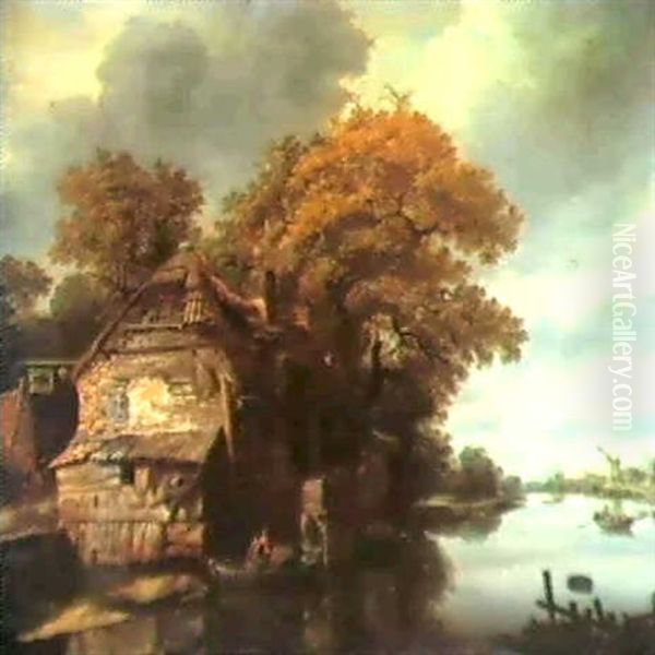 A Lowland River Landscape: To The Left A Thatched Inn... Oil Painting by Cornelis Gerritsz Decker