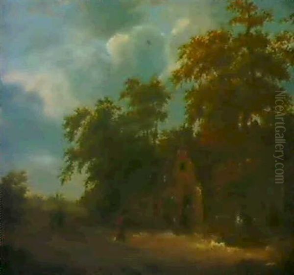 Ein Wirtshaus Am Waldrand Mit Reisenden. Oil Painting by Cornelis Gerritsz Decker