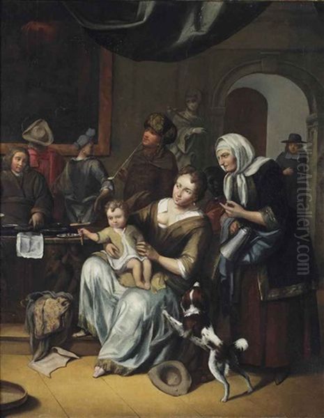 A Mother And Child And Other Figures In An Interior Oil Painting by Frans Decker