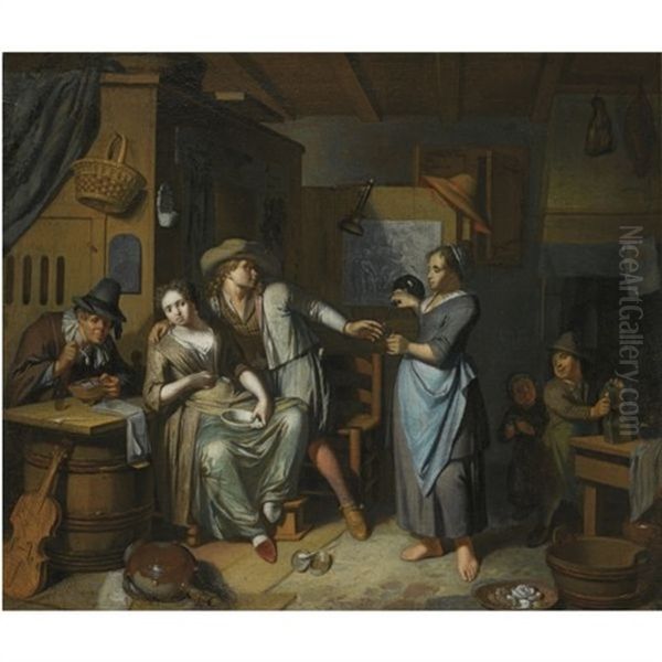 A Household Scene With A Maid Pouring A Glass For A Man Carousing A Seated Woman Holding A Bowl, Another Man Seated Lighting His Pipe, And Two Children In The Background by Frans Decker