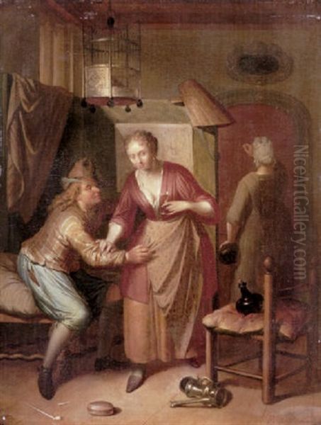 An Interior With An Amorous Couple, A Procuress In The Doorway Oil Painting by Frans Decker