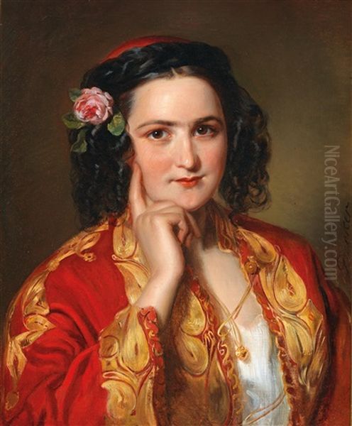 Portrait Of A Young Woman In Traditional Greek Costume Oil Painting by Georg Decker