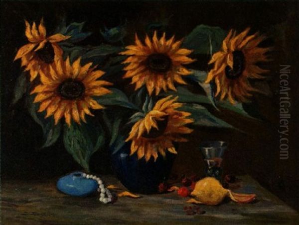 Stillleben Mit Sonnenblumen Und Zitrone Oil Painting by Joseph Decker