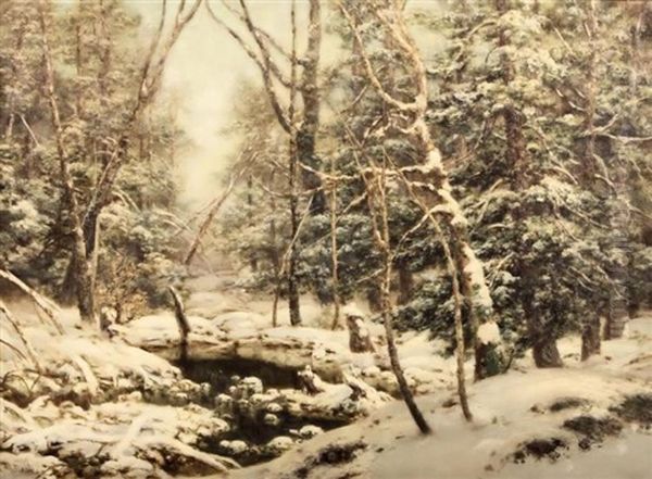 Deep In The Snow Covered Woods Oil Painting by Robert M. Decker