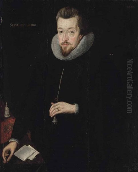 Portrait Of Robert Cecil, 1st Earl Of Salisbury (1563-1612), Half-length, In A Black Doublet And White Ruff, His Left Hand Holding A Pomander, His Right Hand Holding A Seal Oil Painting by John Decritz the Elder