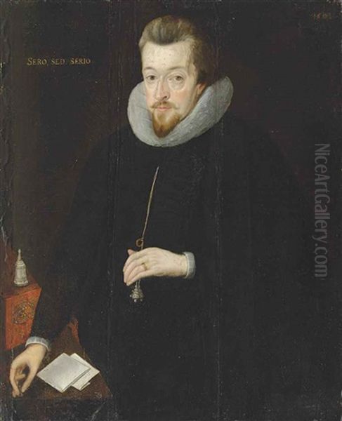 Portrait Of Robert Cecil, 1st Earl Of Salisbury, In A Black Doublet And White Ruff, His Left Hand Holding A Pomander, His Right Hand Holding A Seal Oil Painting by John Decritz the Elder