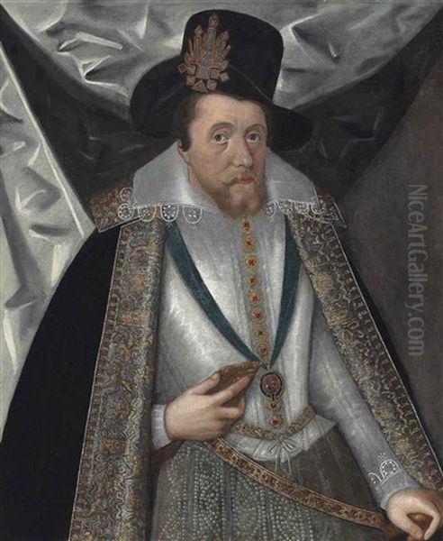 Portrait Of King James I Of England And Vi Of Scotland (1566-1625), Three-quarter-length, In A White Doublet With A Lace Collar, Jewelled Hose... Oil Painting by John Decritz the Elder