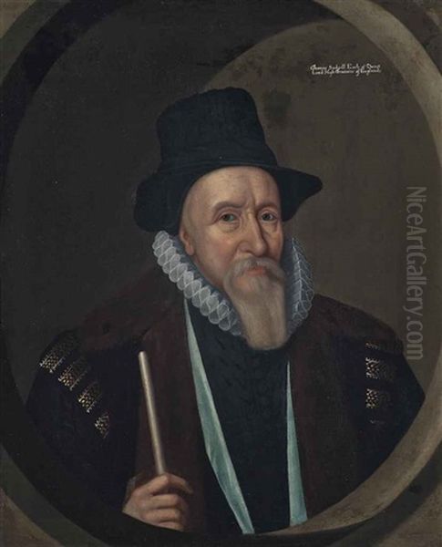 Portrait Of Thomas Sackville, 1st Earl Of Dorset (1536-1608), Half-length, In A Brown Coat And Black Hat, Holding A Rod Of Office Oil Painting by John Decritz the Elder