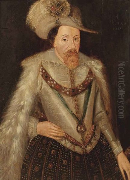 Portrait Of King James I Of England, In Armour With A Fur-lined-cloak And A Feathered Hat With A Jewel Oil Painting by John Decritz the Elder