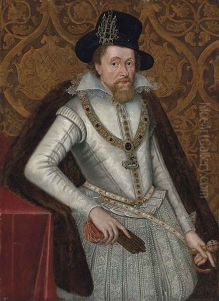 Portrait Of King James I Of England And Vi Of Scotland (1566-1625) In A White Doublet With A Lace Collar, Jewelled Hose And A Fur Cloak... (collab. W/studio) Oil Painting by John Decritz the Elder