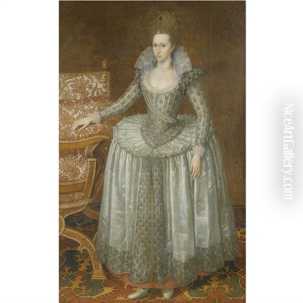 Portrait Of Anne Of Denmark, Wearing A White Farthingale Dress And Pearl Sash Oil Painting by John Decritz the Elder