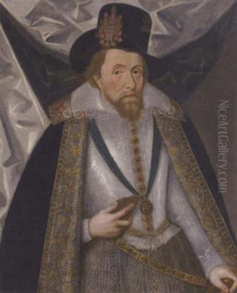 Portrait Of King James I Wearing A White Doublet, A Black Hat And A Lined Black Cloak Oil Painting by John Decritz the Elder