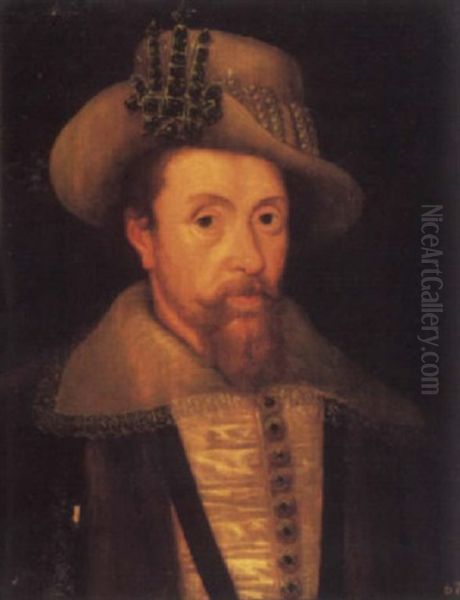 Portrait Of King James I In A White Satin Doublet, A Fur Trimmed Cloak And A Hat Decorated With Pearls And Jet Oil Painting by John Decritz the Elder