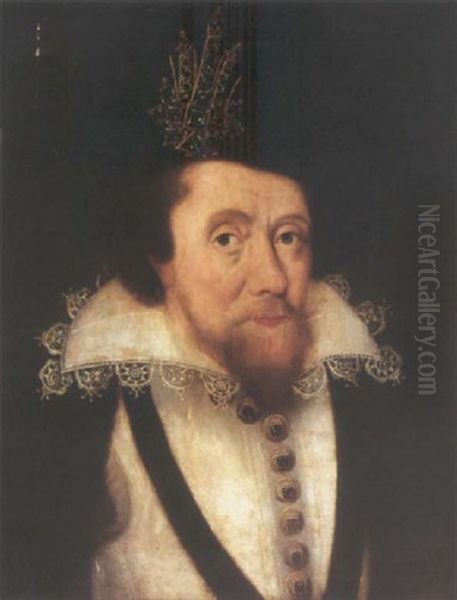 Portrait Of James I Wearing A White Tunic And The Garter Oil Painting by John Decritz the Elder