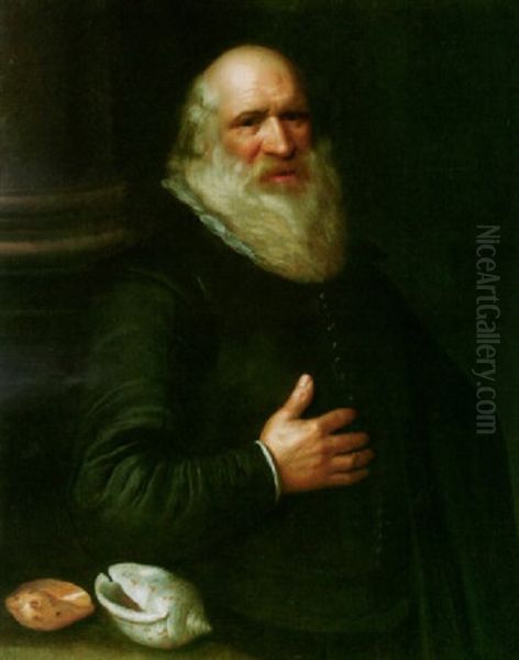 Portrait Of John Tradescant The Elder Wearing A Dark Coat And White Ruff, With Two Shells On A Table To His Right Oil Painting by John Decritz the Elder