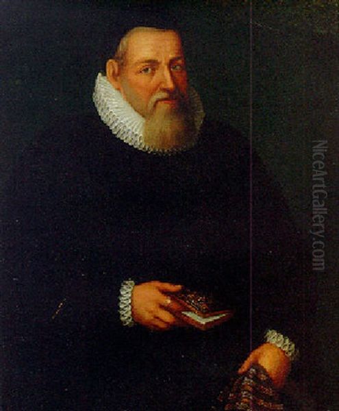 Portrait Of A Gentleman In A Black Coat With White Ruff, Holding A Book And Gloves Oil Painting by John Decritz the Elder