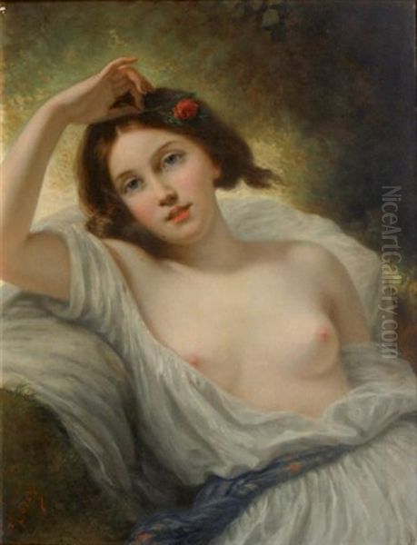 Jeune Femme Assise A La Rose Et Au Buste Denude Oil Painting by Pierre Joseph Dedreux-Dorcy