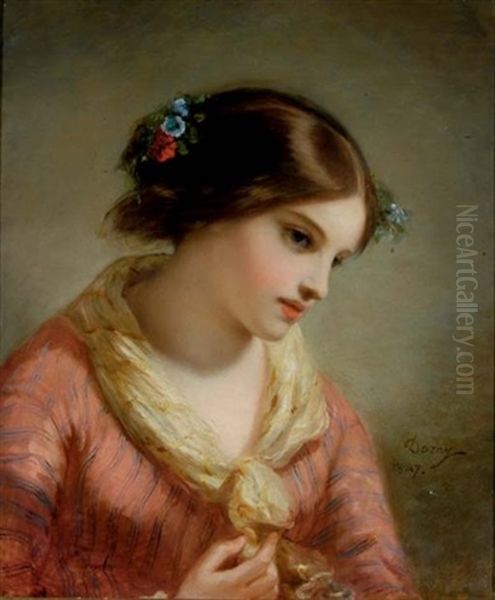 Portrait Of A Girl With Flowers In Her Hair Oil Painting by Pierre Joseph Dedreux-Dorcy