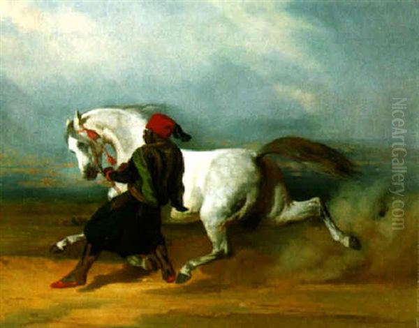 An Arabian With His Groom In A Landscape Oil Painting by Pierre Joseph Dedreux-Dorcy