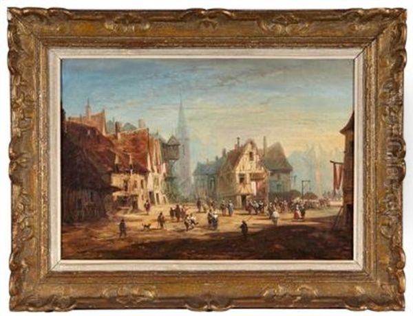 Scene Animee Sur La Place De Rouen Oil Painting by Alexandre Defaux