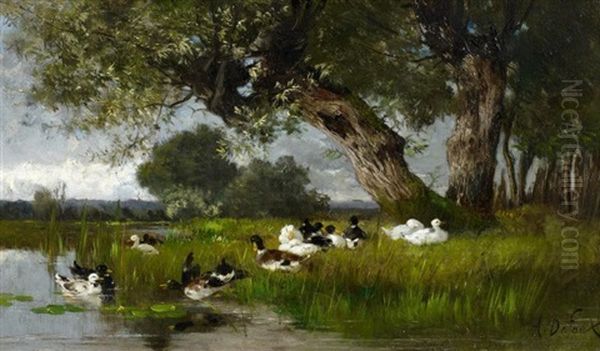 Enten Unter Weiden Am Ufer Oil Painting by Alexandre Defaux