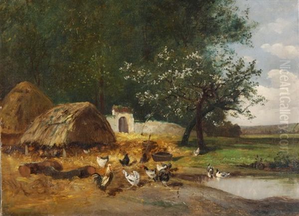 Landschaft Mit Teich, Huhnern Und Enten Oil Painting by Alexandre Defaux