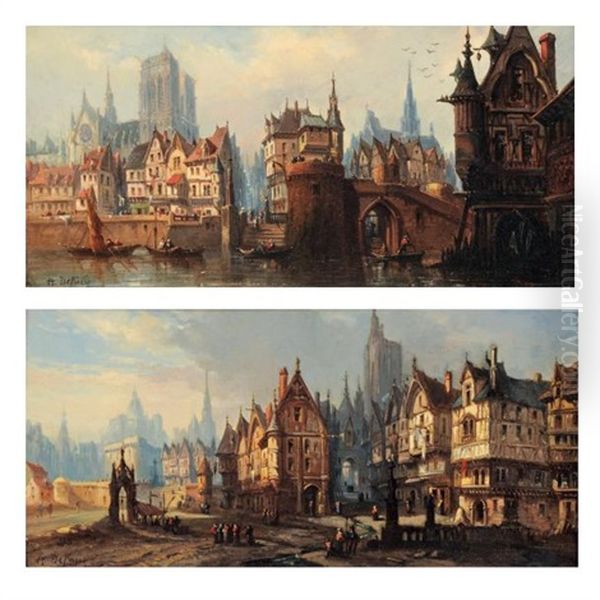 Maisons A Colombages Dans Le Vieux Rouen (pair) Oil Painting by Alexandre Defaux