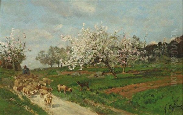 Troupeau De Moutons Pres Des Arbres En Fleur Oil Painting by Alexandre Defaux