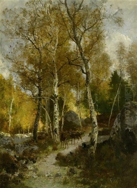 Waldlandschaft Mit Zwei Rehen Oil Painting by Alexandre Defaux