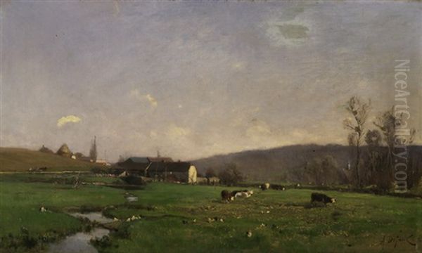 Weite Landschaft Mit Dorf Und Kuhen Oil Painting by Alexandre Defaux