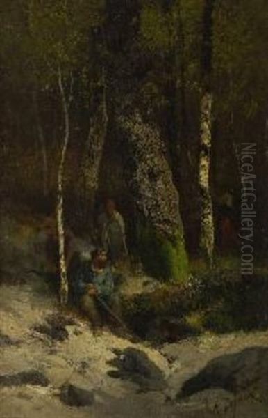 Holzsammler In Waldlandschaft Oil Painting by Alexandre Defaux