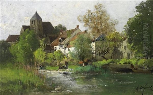 Idyllisches Kirchdorf Am Flus. Am Ufer Wascherinnen Bei Ihrem Tagewerk Oil Painting by Alexandre Defaux