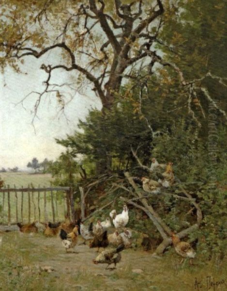 Coqs Et Poules Dans La Campagne Oil Painting by Alexandre Defaux