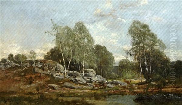 Cerfs Et Biches En Foret De Barbizon Oil Painting by Alexandre Defaux