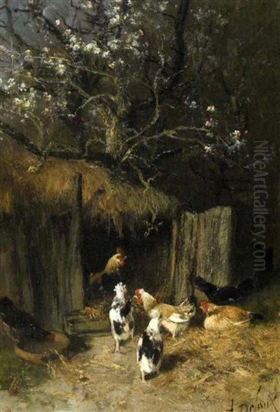 Poules Et Coqs Sous Le Pommier Oil Painting by Alexandre Defaux